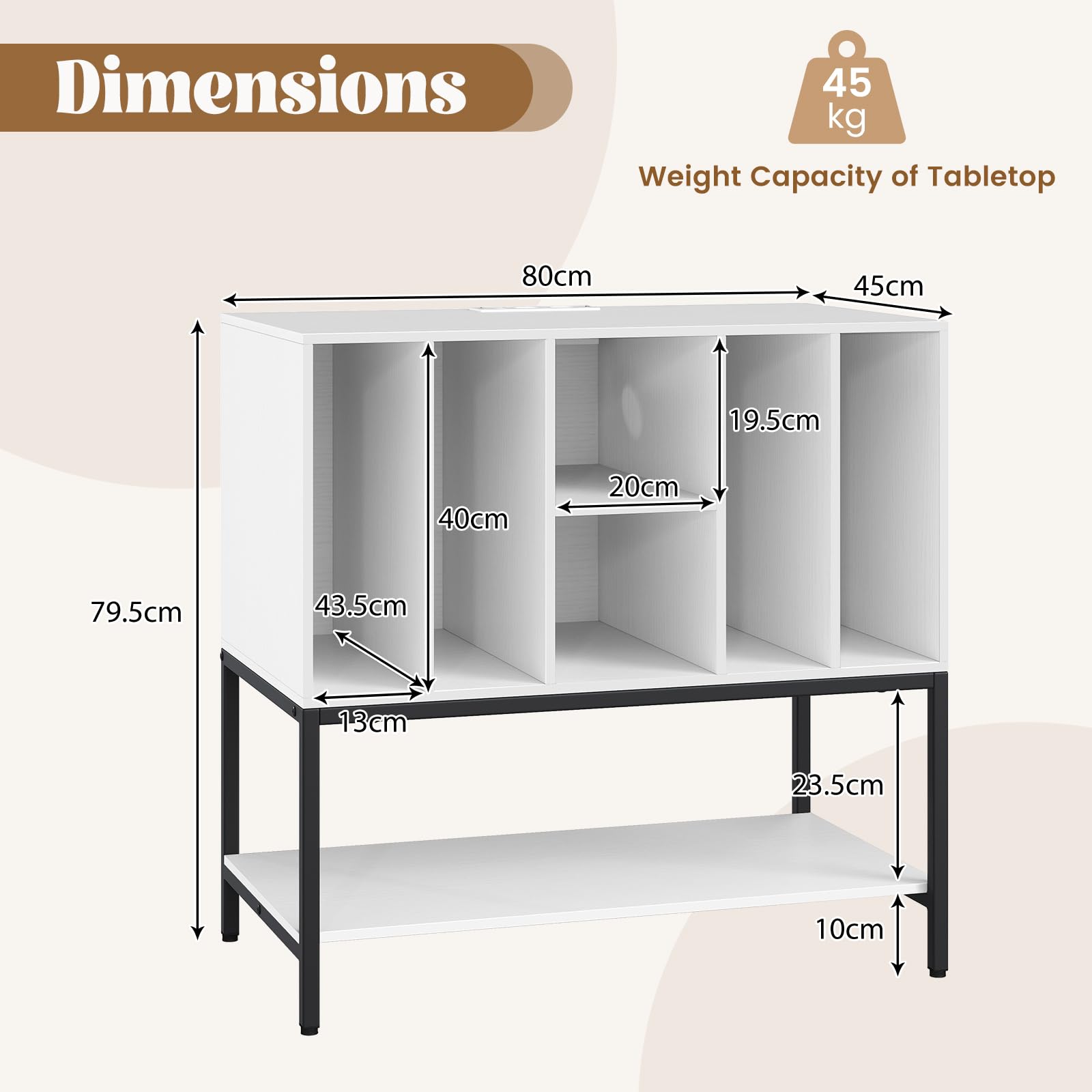 GIANTEX Support pour tourne-disque avec 6 compartiments et étagère ouverte, armoire pour disques vinyles avec station de charge, 80 x 45 x 79,5 cm, meuble de rangement pour salon, chambre (blanc)