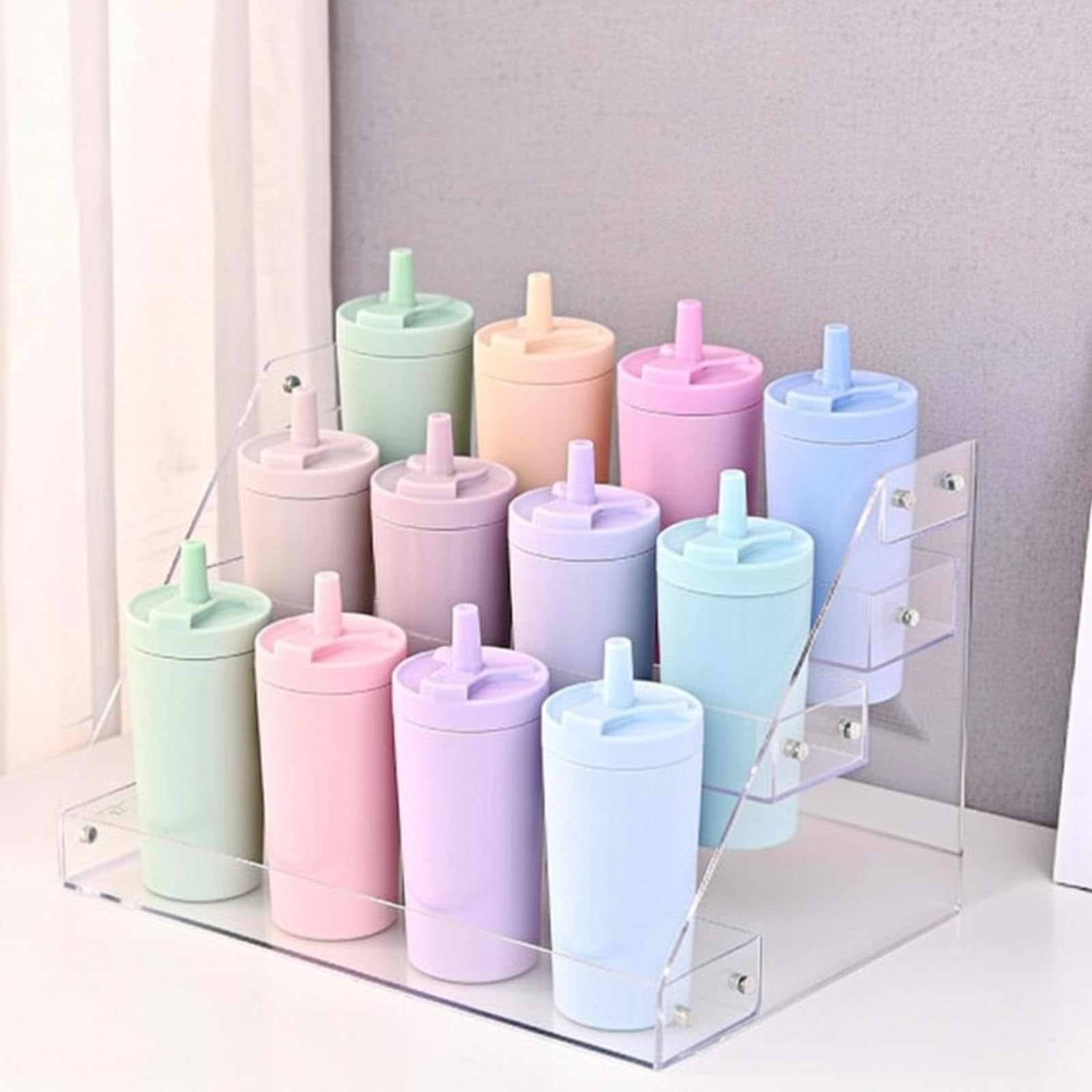 Photo 1 of Reallnaive Water Bottle Organizer for Classroom 3 Tier Acrylic Large Compartment Water Bottle Holder Back to School Student Coffee Cup Holder for Office Home School Classroom Supplies
