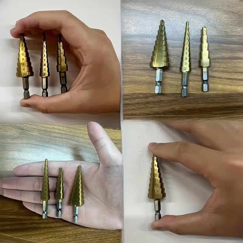 Miniatura 4 de 3 unidsset de brocas escalonadas de varios tamaños con revestimiento de titanio de acero de alta velocidad de perforación de precisión en madera y