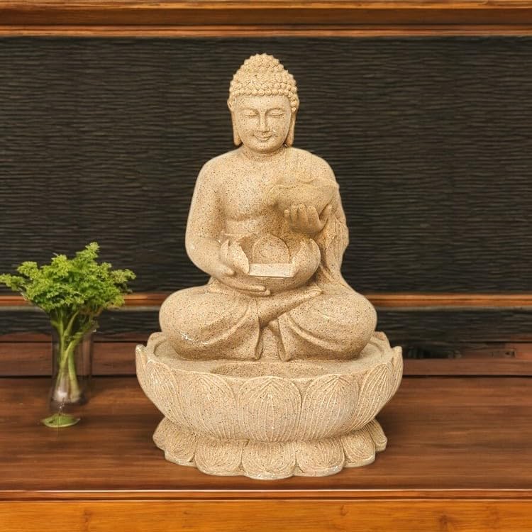 Swadeshi Decors Resin, Fibreglass 3 Feet New Zen Big Buddha Water Fountain|Double Bowl    Buddha Fountain with LED Lighting|Outdoor/Garden/Home & Office Decor|Modern Water Fountain (Beige 01) - Image 3 thumbnail