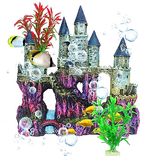 MUYG Aquarium Castle Decor, Resin Castle for Fish Tank with Randomly Color Plants Decorations Accessories for Freshwater and Saltwater Fish Tanks