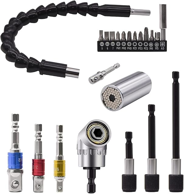 Flexible Drill Bit Extension Set & Universal Socket Tool, Bendable Drill Bit Extension, 3pcs Drill Bit Holder, 1/4 3/8 1/2" Universal Socket Adapter Set, 105° Right Angle Drill, Screwdriver Bit Kit