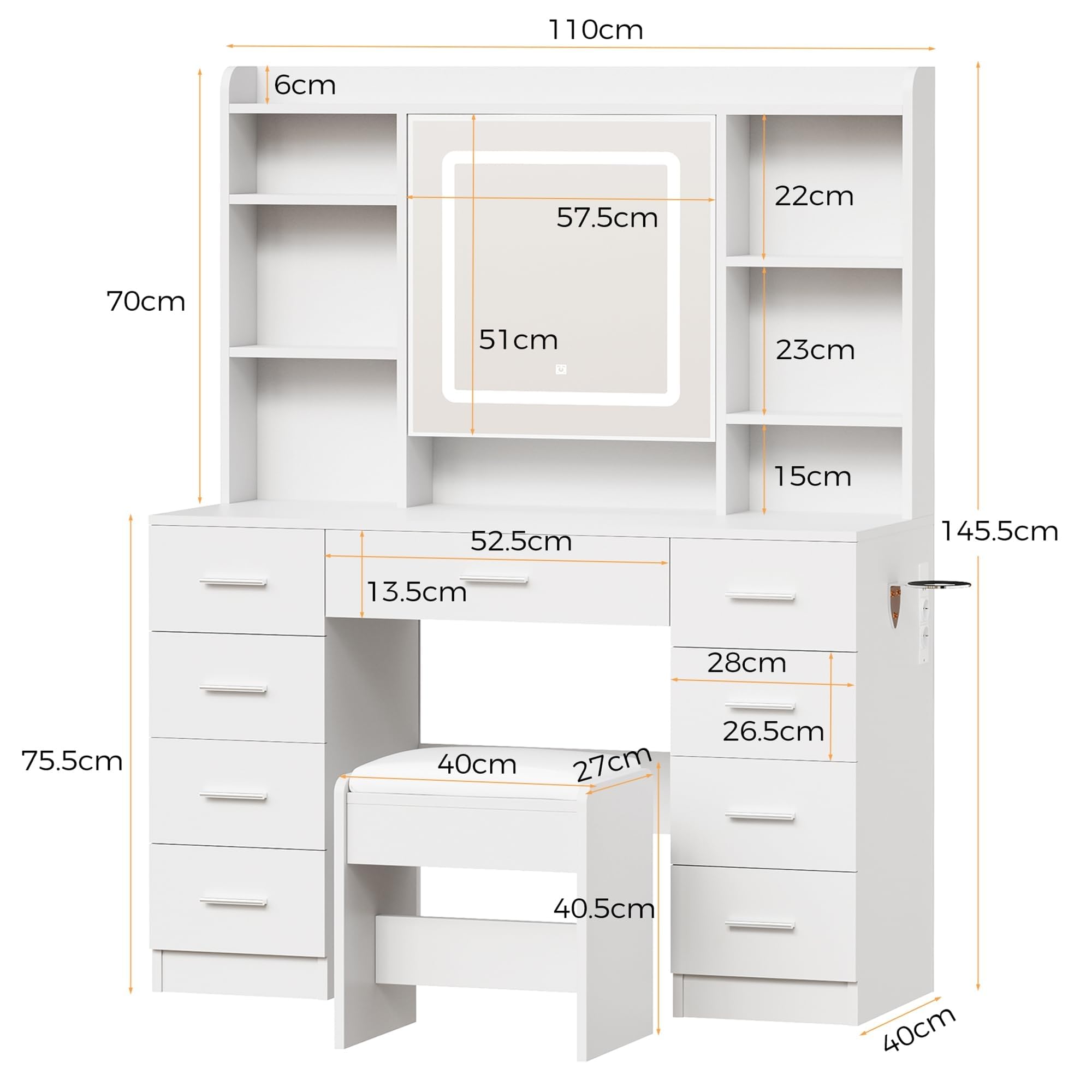 BEWISHOME Grande Coiffeuse avec éclairage LED et Miroir, Luminosité Réglable, Coiffeuse avec Tabouret, Prise, 9 Tiroirs et 5 étagères Ouvertes pour Chambre à Coucher Blanc Couffeuse Moderne EFST36W