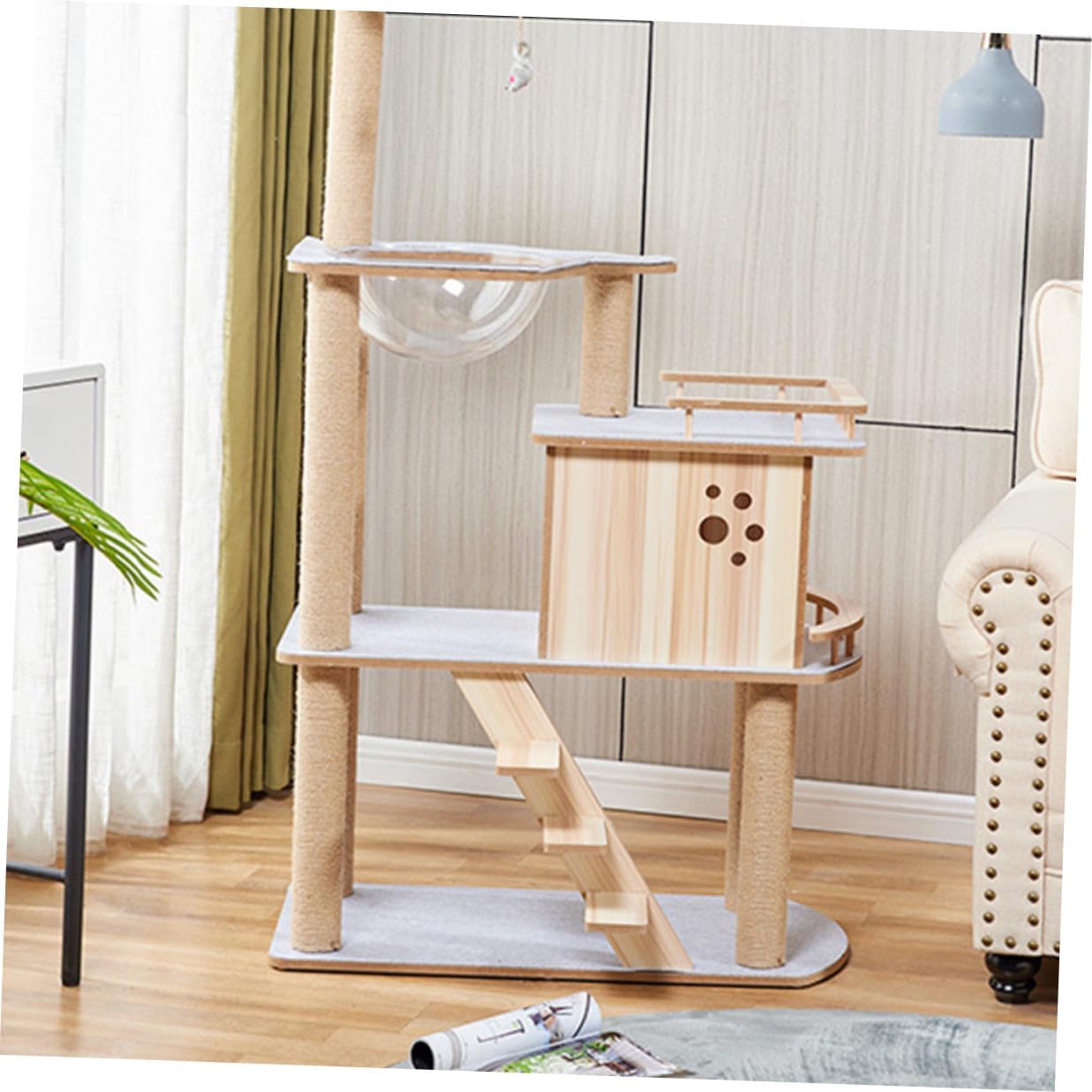 POPETPOP Large Wooden Cat Tree with Felt Cover Multipurpose Cat Climber and Scratching Post and Adult Felines