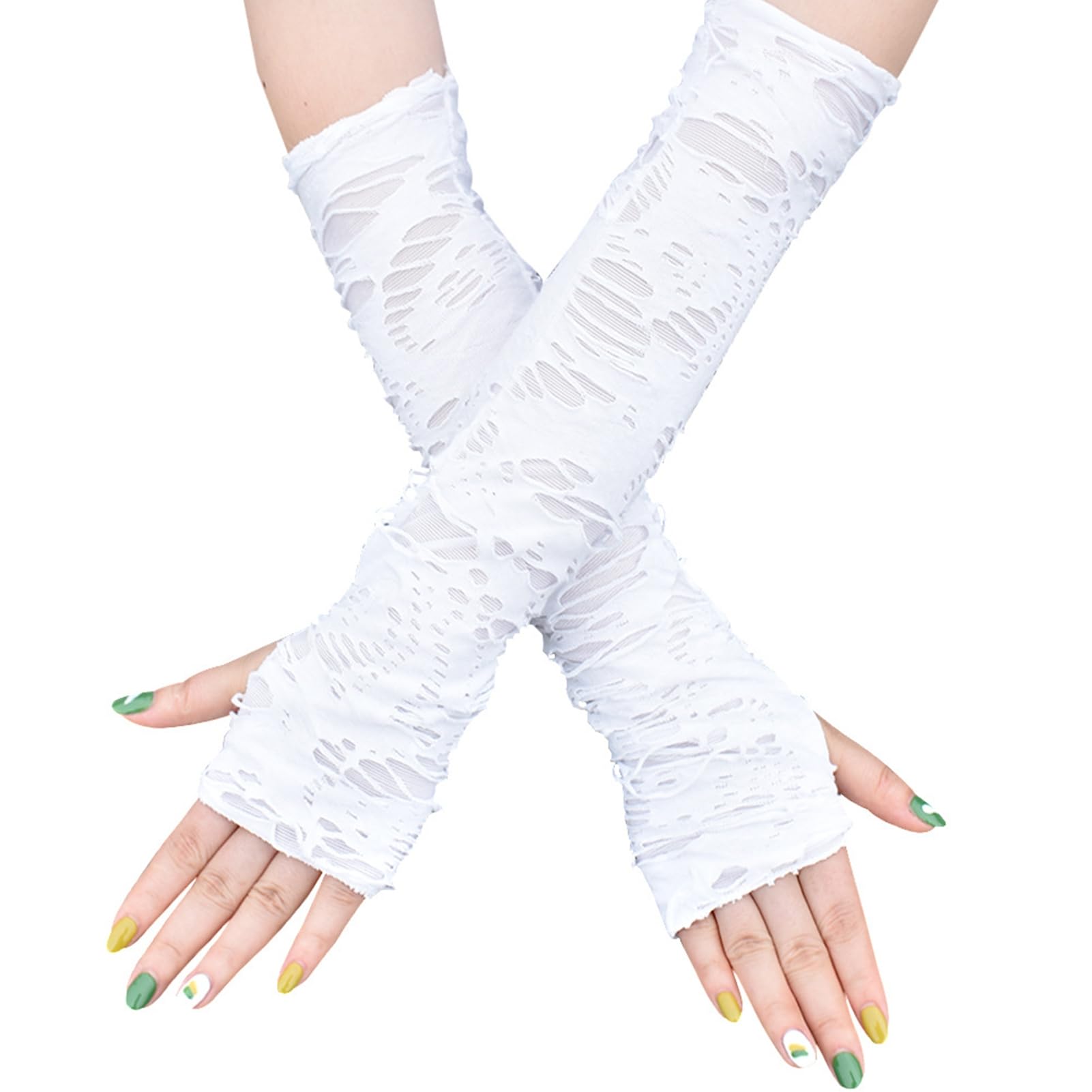 Ulafbwur Unisex White Thumbhole Fingerless Gloves With Design Ripped Holes Decor Perfect For Adult Cosplay Punk Style Arm Sleeves Typing/Dr One Size