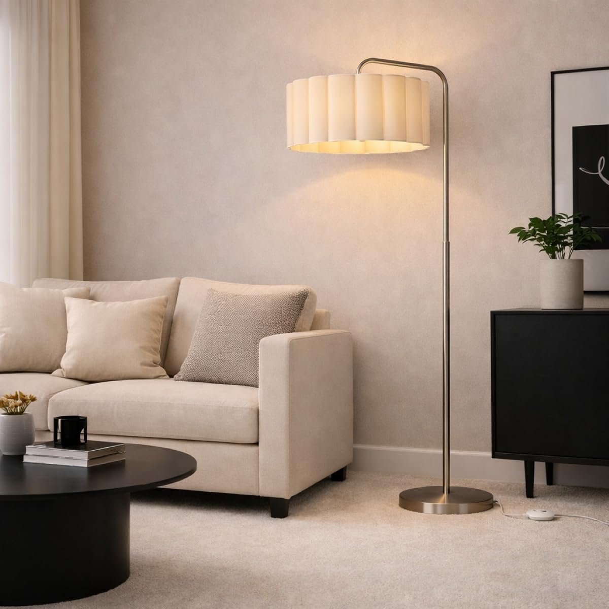 CGC Lighting Indoor Floor Lamp Brushed Satin Nickel Angled Corner Standing Reading Light and Lampshade Living Room Lounge (Cream Lampshade)