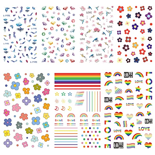 Yarlilyan 7 Sheets Kids Funny Nail Sticker For Little Girls Women, Diy 3D Art Decals Including Flowers Birds Diamonds Rainbow Holiday Variety Pack Polish Self Adhesive Decor Set, 2.4'' X 3.6'' #TOP16