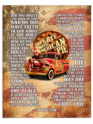 Don McLean American Pie Song Lyrics - Rustic American Flag Music Wall Decor for Home Office Bedroom Man Cave Aesthetic - 11x14 Unframed Print