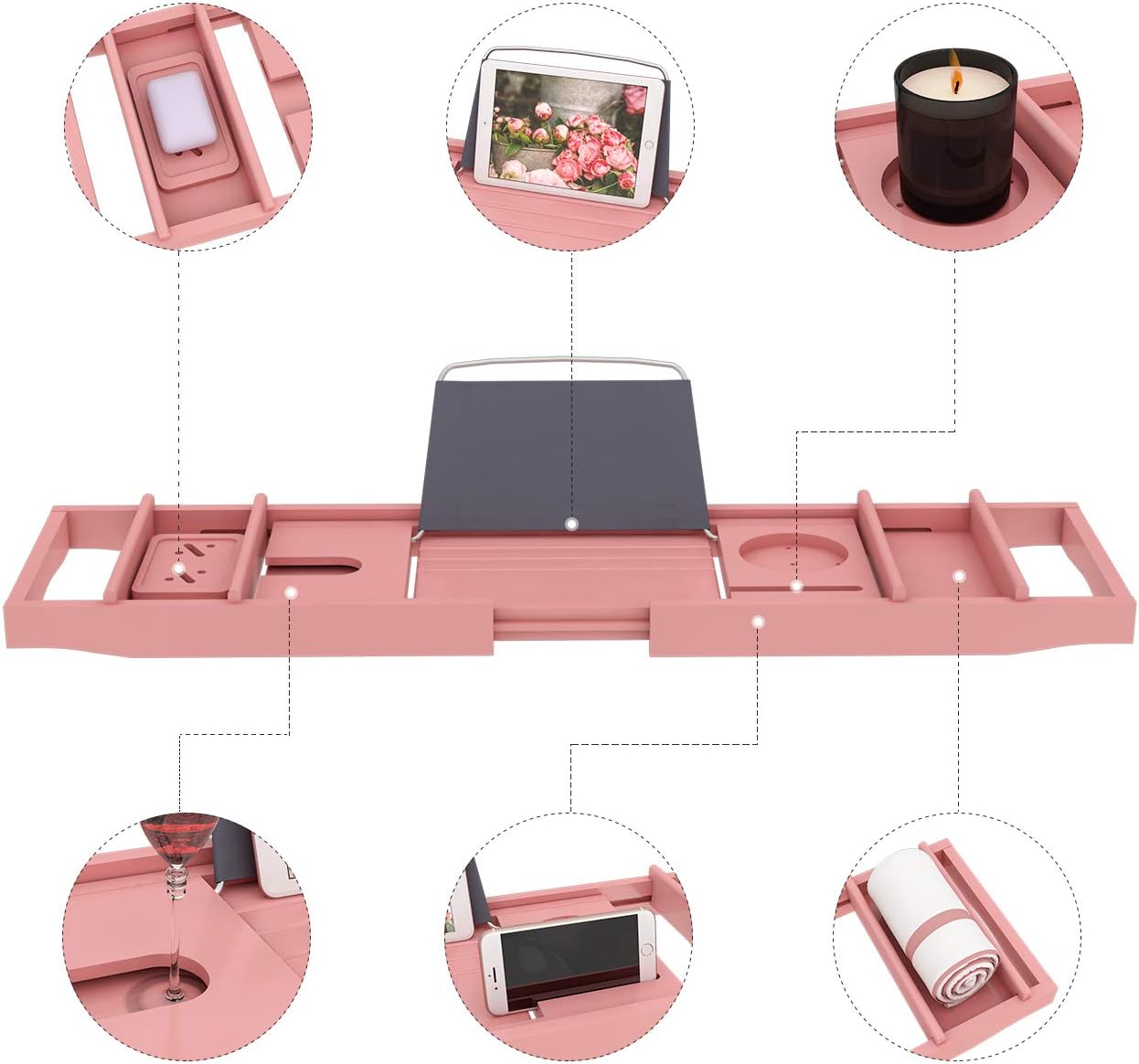 Domax Bathtub Caddy Tray - Expandable Bamboo Tub Tray for Luxury Bath with Book Holder Free Soap Dish Pink : Home & Kitchen