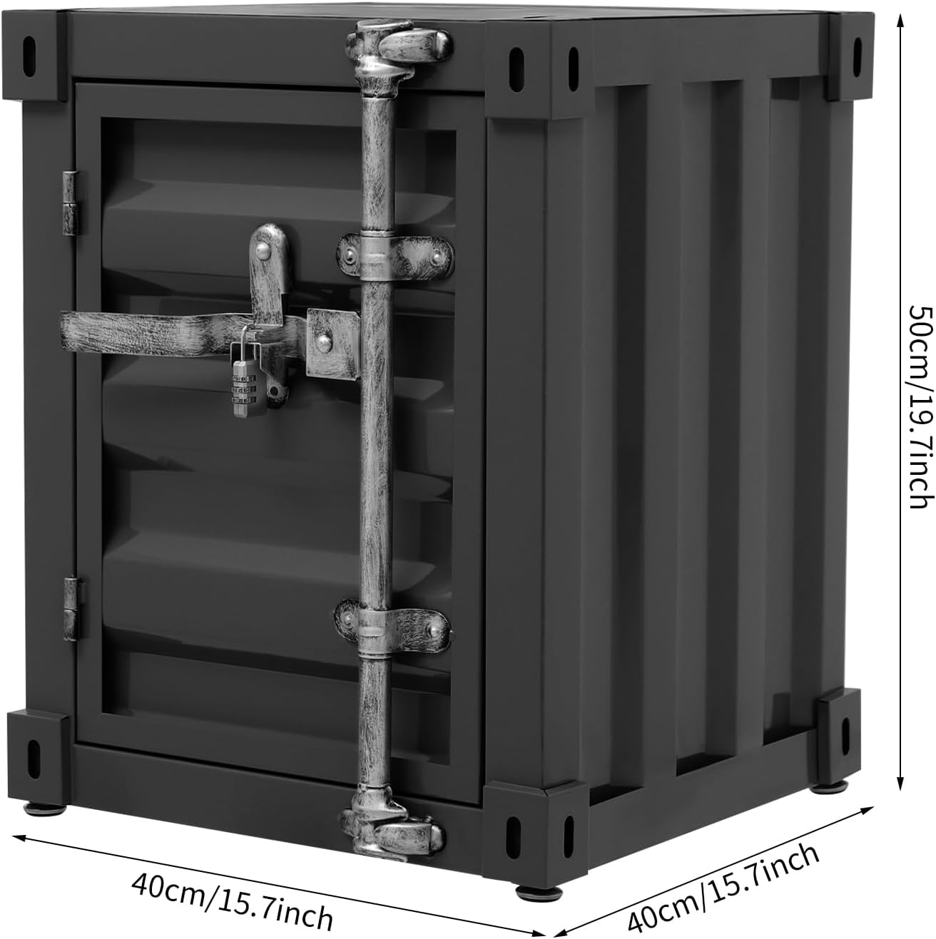 Industrial Wind Bedside Table, Container Style Locker Wrought, Iron Container Side Table with Metal Combination Lock for Bedroom, Living Room, Bar, Office (Black)