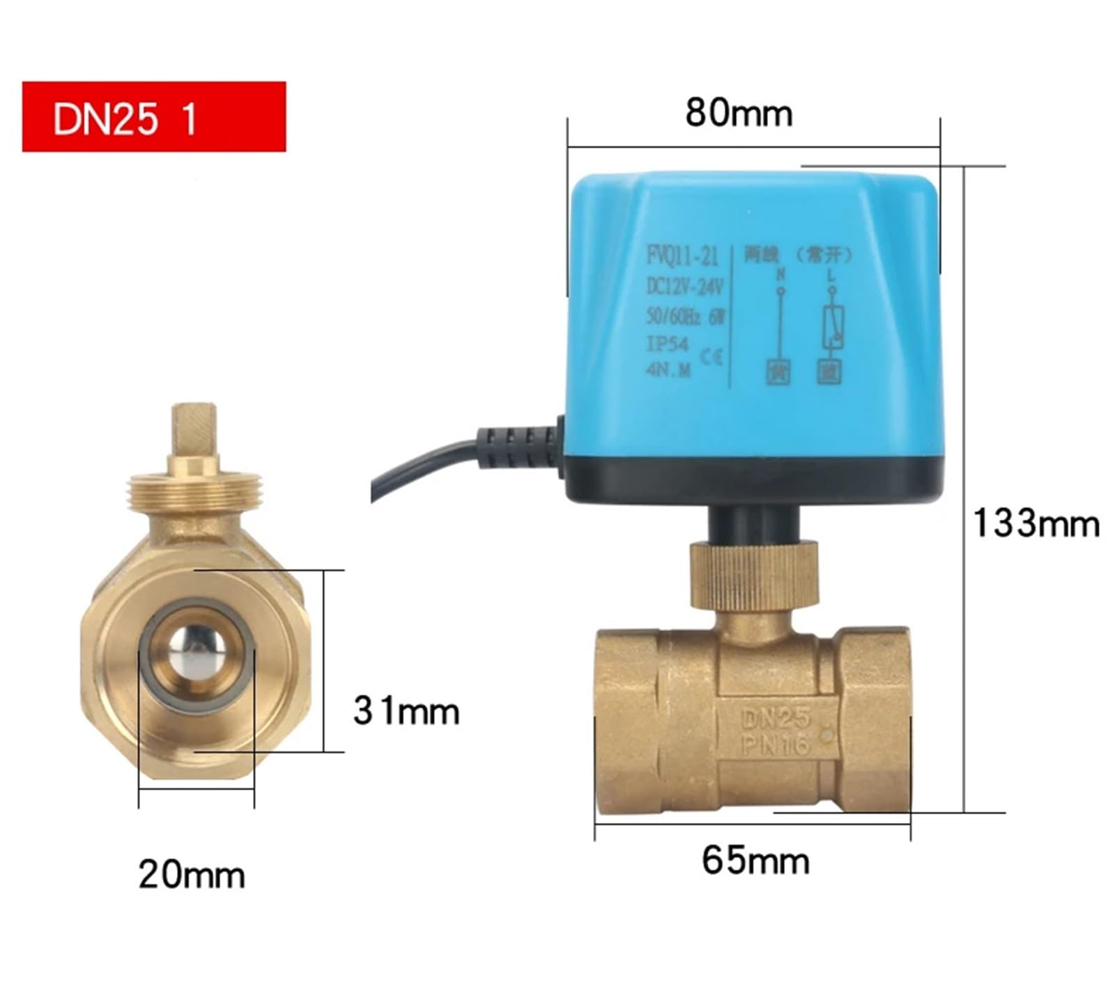 Válvula de bola motorizada de 1 pulgada, normalmente cerrada/abierta, 220 V, 12 V, 24 V, de latón, de 2 cables, válvula de bola eléctrica, reemplazo de válvula solenoide, 1 unidad(NORMALLY OPEN-12VDC)
