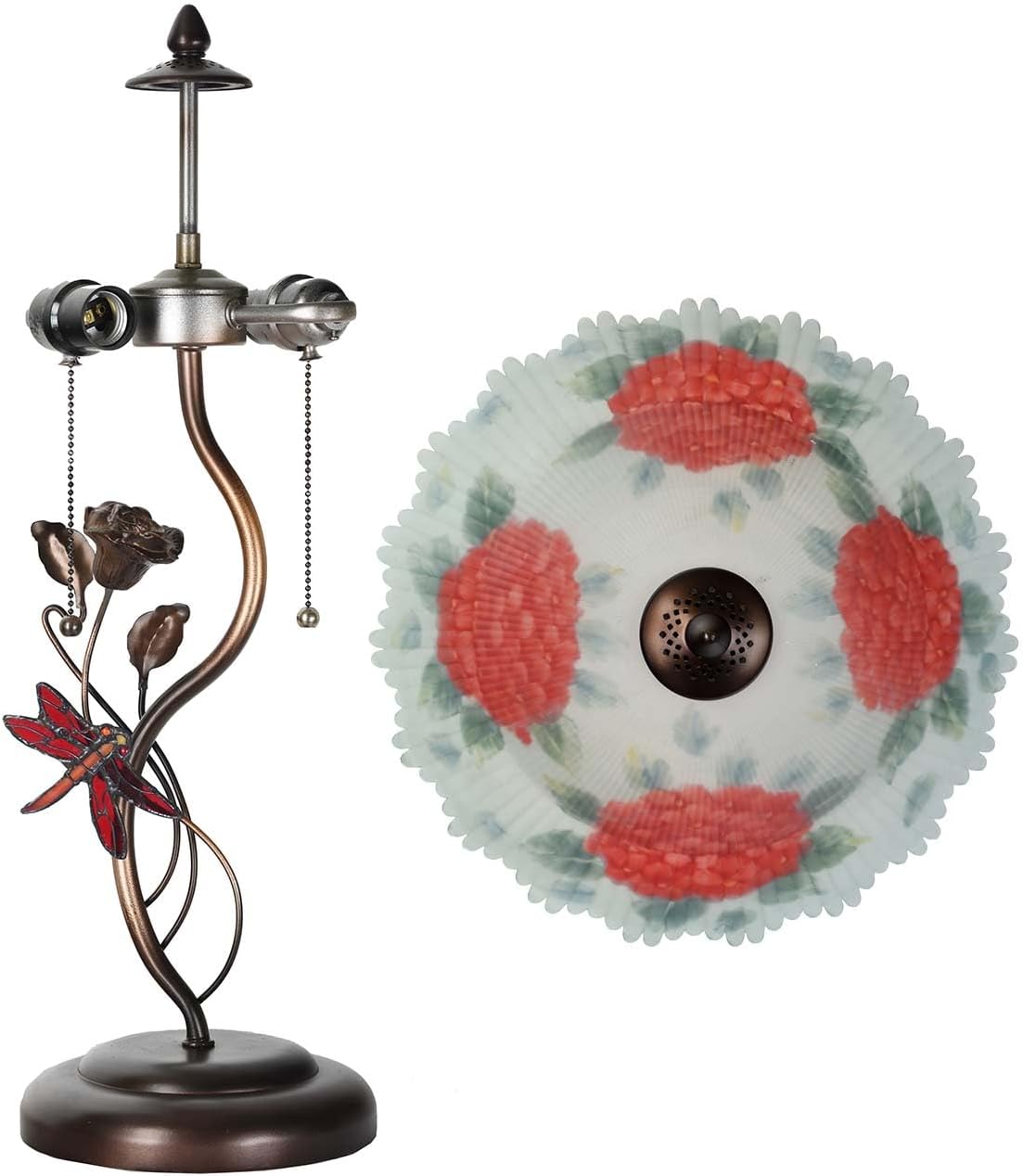 Bieye L10888 Hydrangea Hand-Painted Glass Table Lamp with Dragonfly Flower Lamp Base for Home Decor (Red)