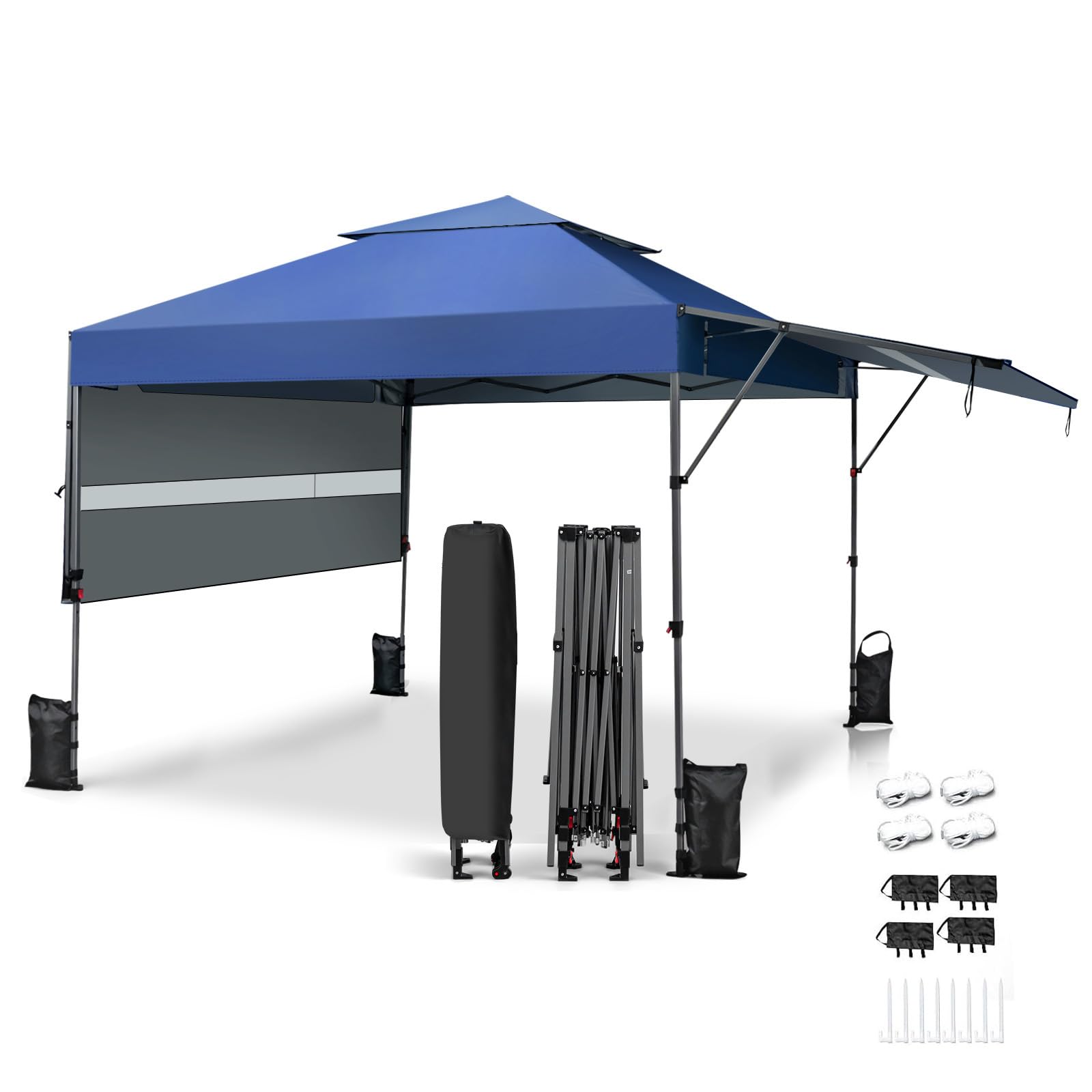 GOPLUS Carpa Plegable 3x3 Impermeable, Cenador con 2 Toldos Laterales Extensibles y Altura Ajustable, Carpa para Exteriores con Ruedas y Bolsa Portátil, UV50+, para Camping, Mercado (Azul)