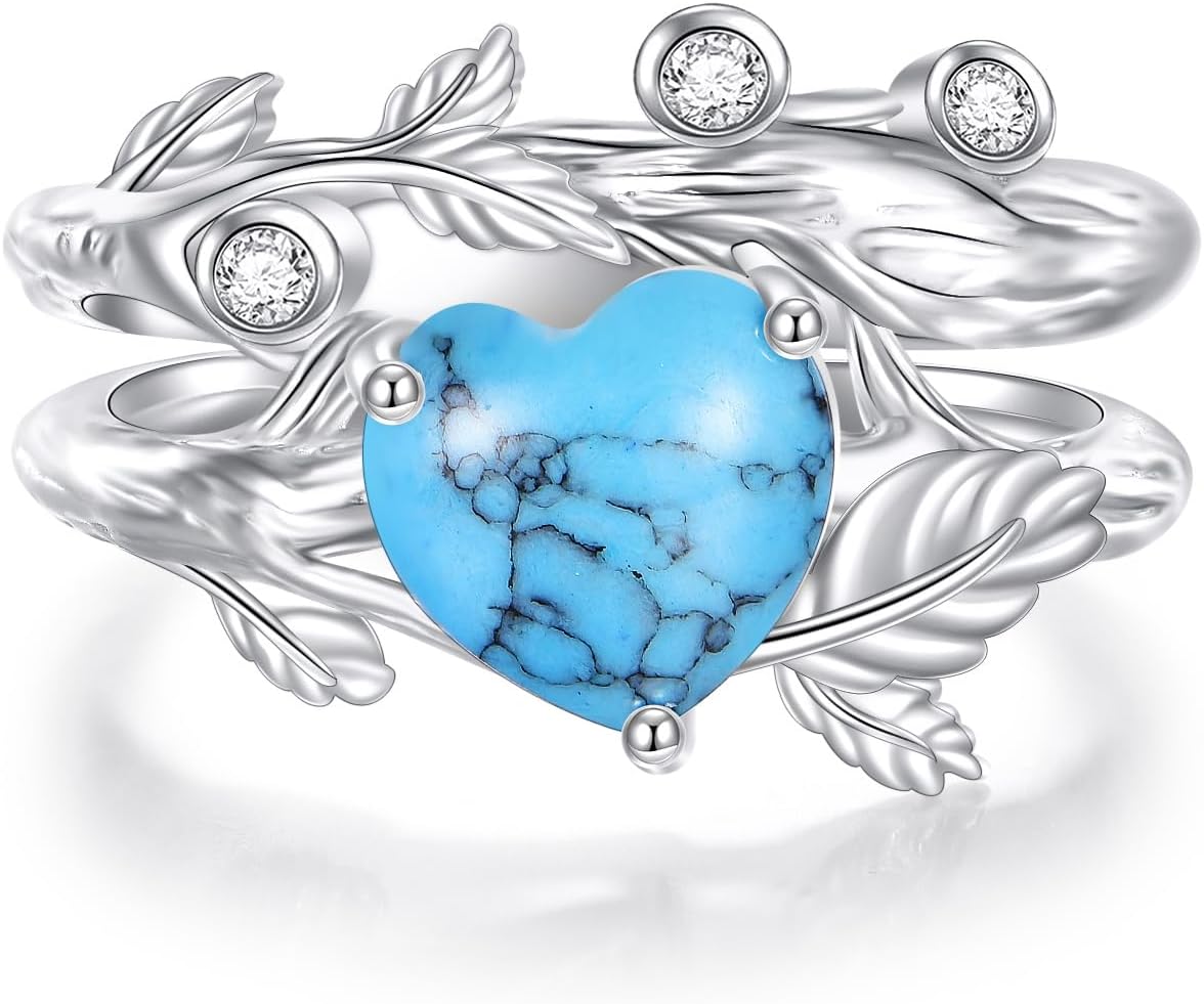 YFN Natural Moss Agate/Turquoise Ring Set for Women with Leaf 925 Sterling Silver Engagement Wedding Promise Ring Jewelry Gift for Anniversary Birthday Valentine's Day Christmas