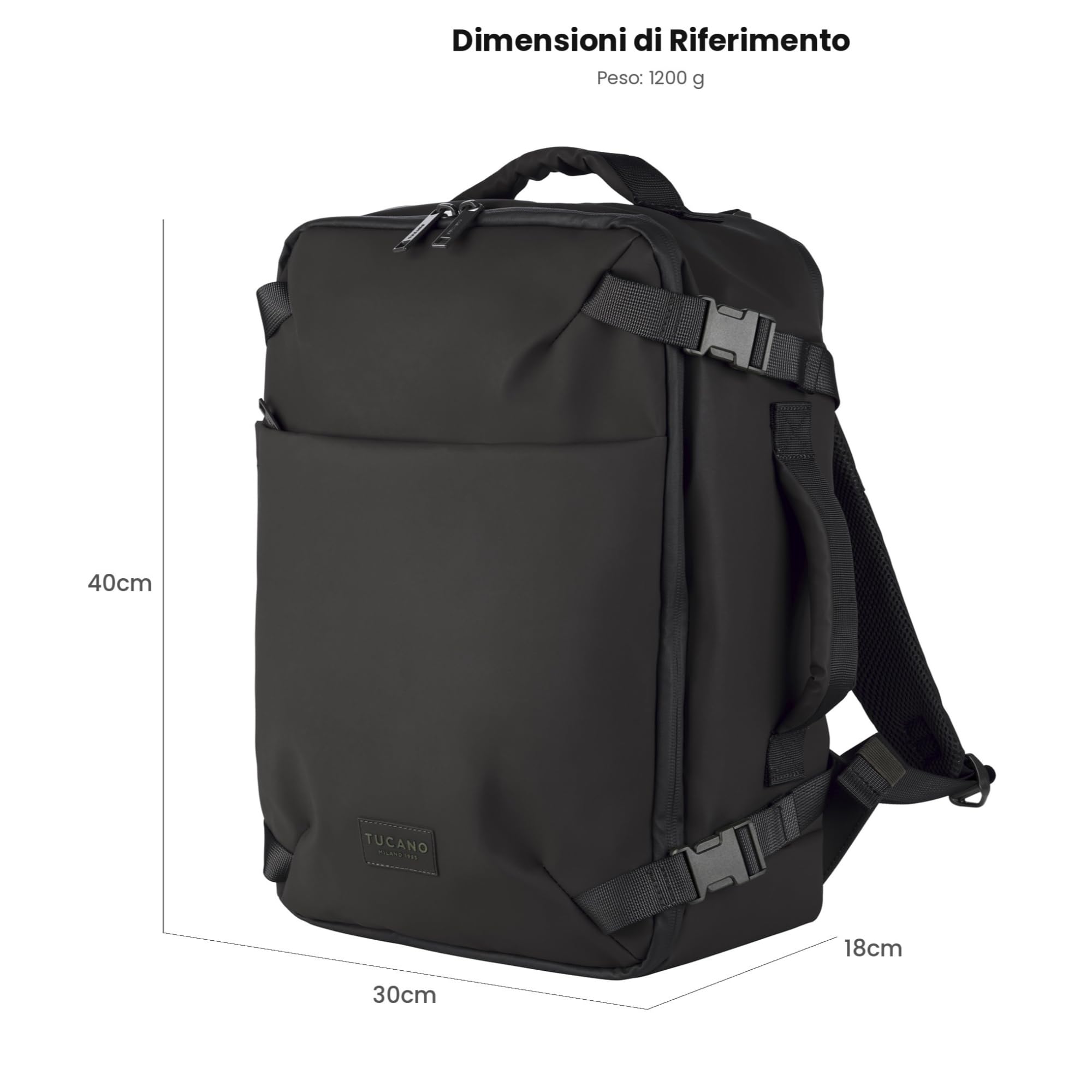 Tucano, Tugò Dry Mochila de Viaje Impermeable y Equipaje de Mano 30x40x18 cm, para Laptop 15.6" y MacBook 16", Mochila Cabina Avión Hombre Mujer con Múltiples Bolsillos, Negro