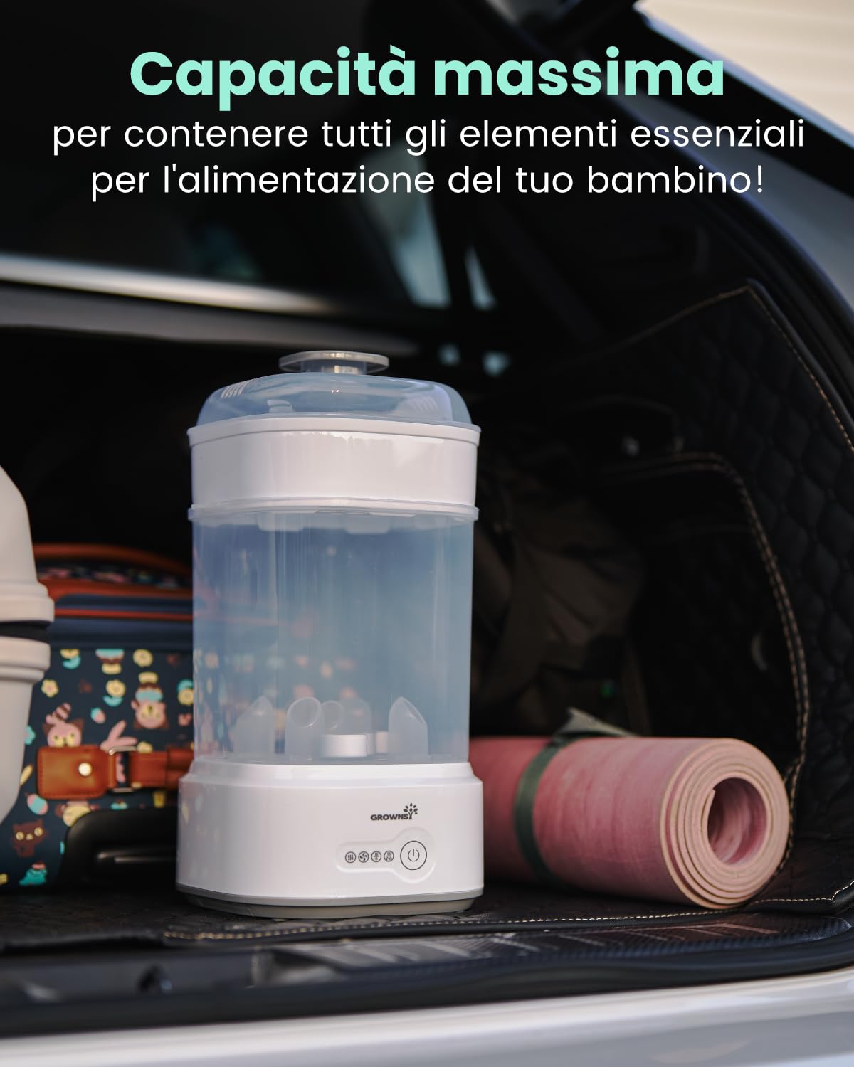 Grownsy Sterilizzatore Biberon con Asciugatura, Sterilizzatore Elettrico a Vapore Compatto per Biberon, Ciucci, Parti del Tiralatte
