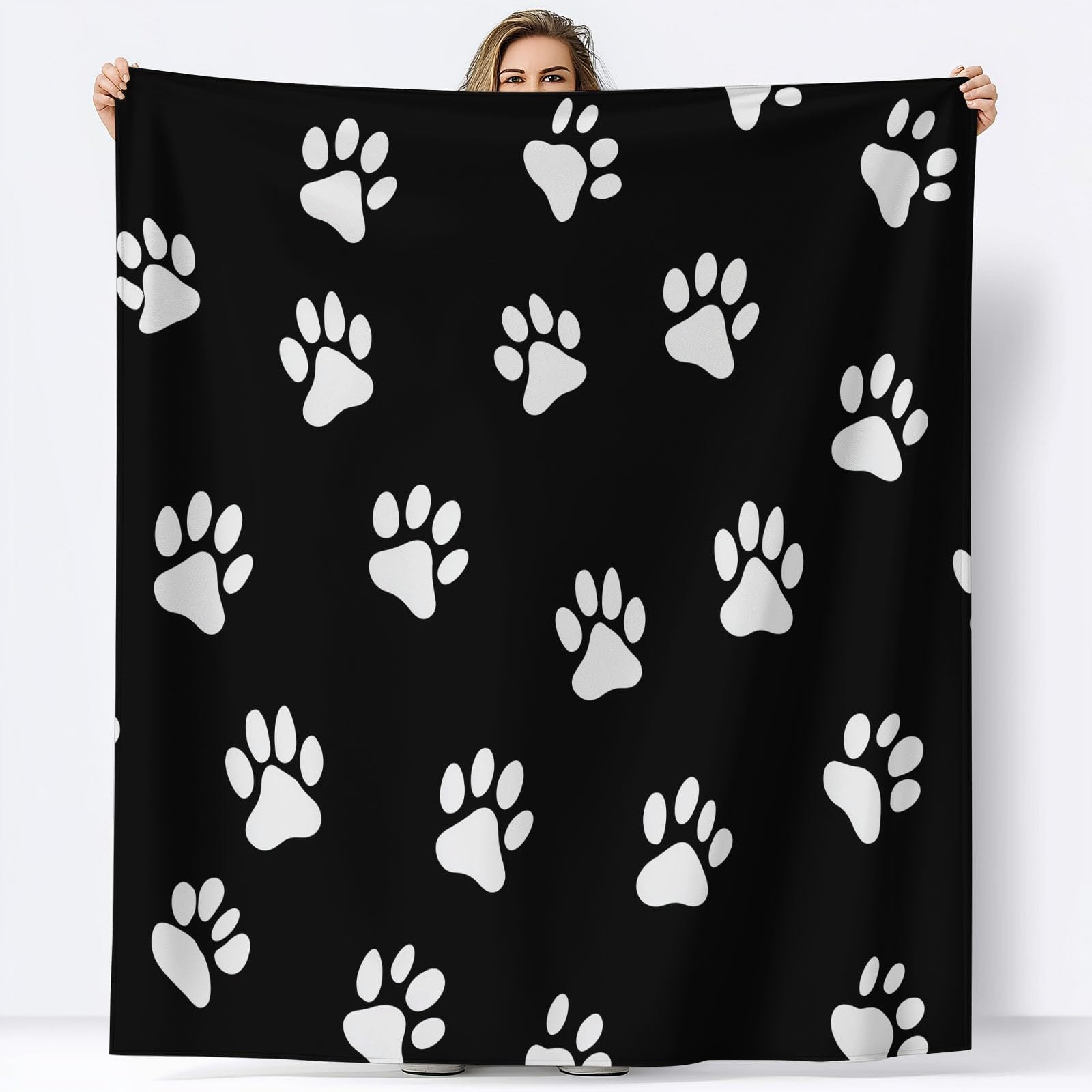 Flanelowy koc polarowy ze zwierzęcymi odciskami łap, narzuta na sofę Wygodny koc dwuosobowy Koc na łóżko w kratę zimowy, 220 x 240 cm Czarny