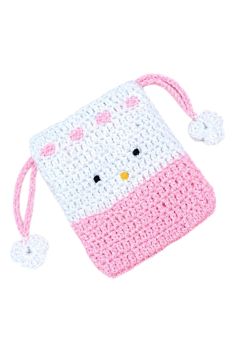 Handmade Crochet Drawstring Pouch, Pink and White, Multipurpose, for Earphones, Keys or Cards, 10cm x 10cm, Pack of 1-picture-34