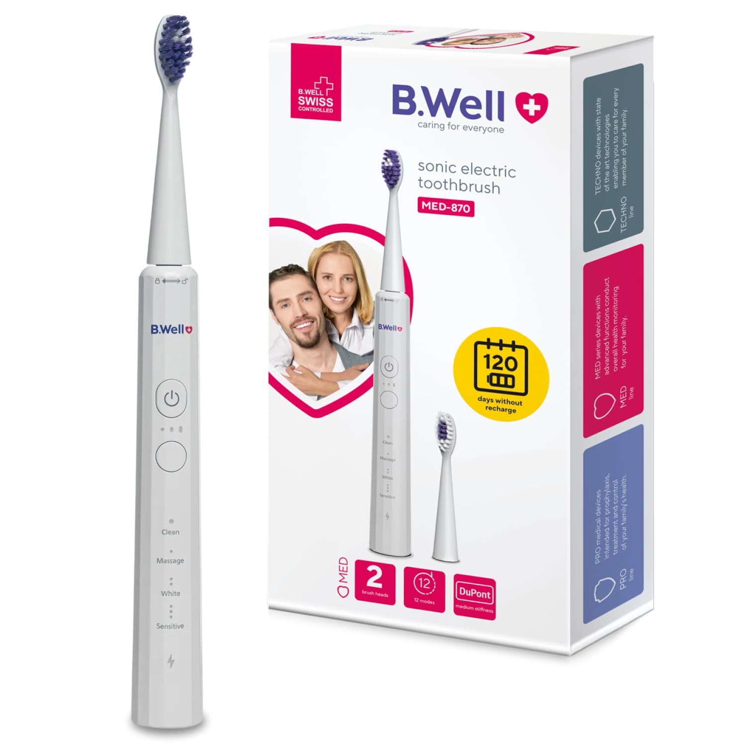 B.Well MED-870 Schallzahnbürste | 12 Reinigungsmodi & 4 Monate Akku | Schweizer Qualitätsstandards: 12 Modi, 2-Minuten-Timer mit 30-Sek.-Intervall, Induktionsladung und 2 farbige Bürstenköpfe.