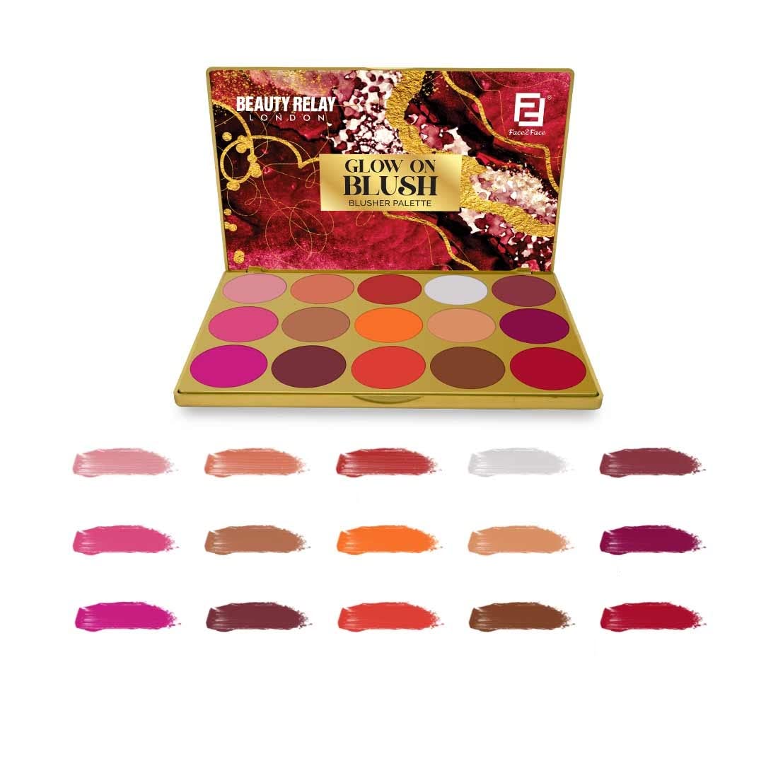 BEAUTYRELAY LONDON - Face 2 Face Glow On Blush Blusher Palette - easy to blend, dramatic look, highlighter,soft shimmering, matte and metallic shades palette- Long Lasting, Lightweight,with 15 shades-image-34