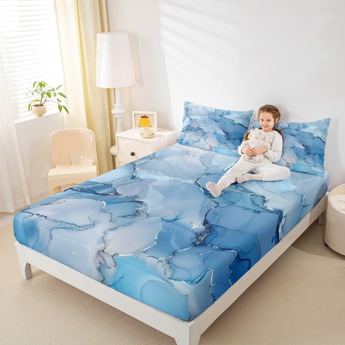 Erosebridal Dark Blue Marble Fitted Sheet Abstract Marbling Art Bedding Set Ink Rendering Bed Sheets Full Size for Adults Men Women,Grey White Marble Grain Bed Cover 2 Pillow Cases