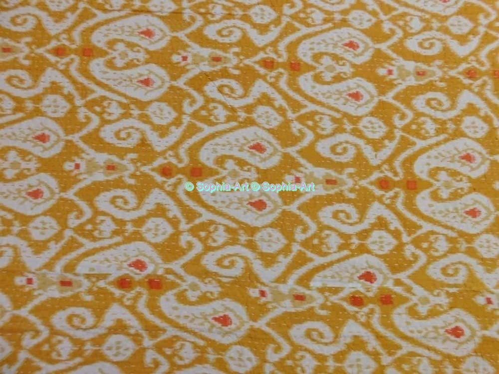 Sophia-Art Indian Yellow Traditional Throw Ikat Print Kantha Quilt,ralli Throw Vintage Gudari Quilt, Handmae Kantha Quilt,Indian Vintage Bedding Quilt Reversible Cotton Bedspread Decor Art (Yellow