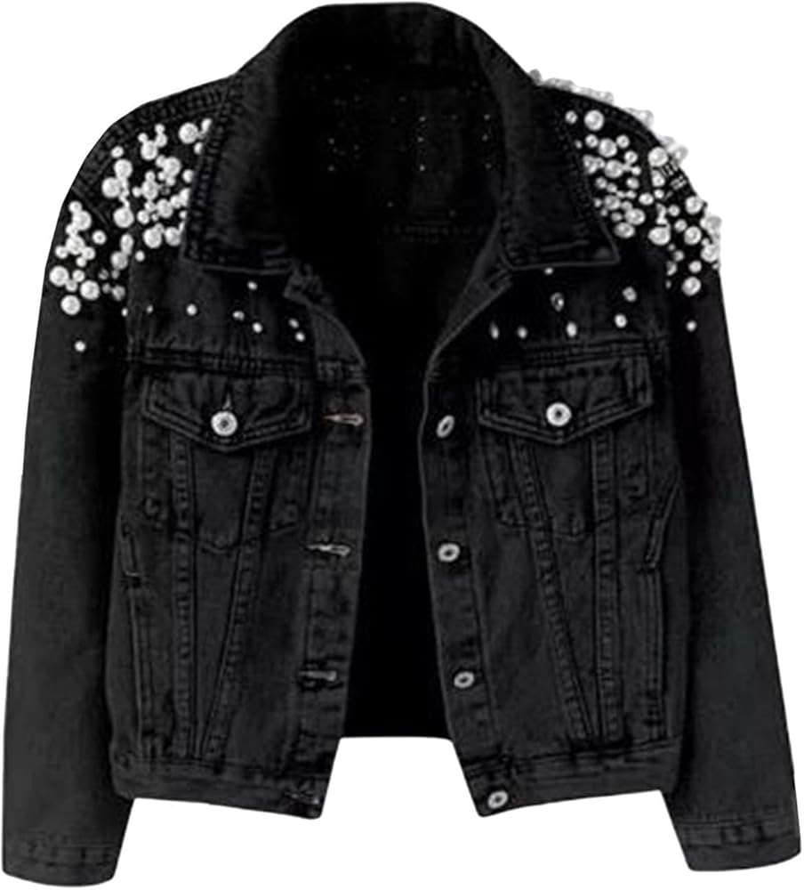 HGKPFGTF Black,S, Women's Pearls Denim Jacket Long Sleeve