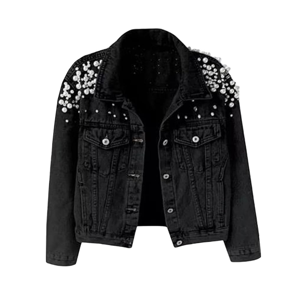 Y　ジャック　早稲田　パーフェクト HGKPFGTF Black,S, Women's Pearls Denim Jacket Long Sleeve