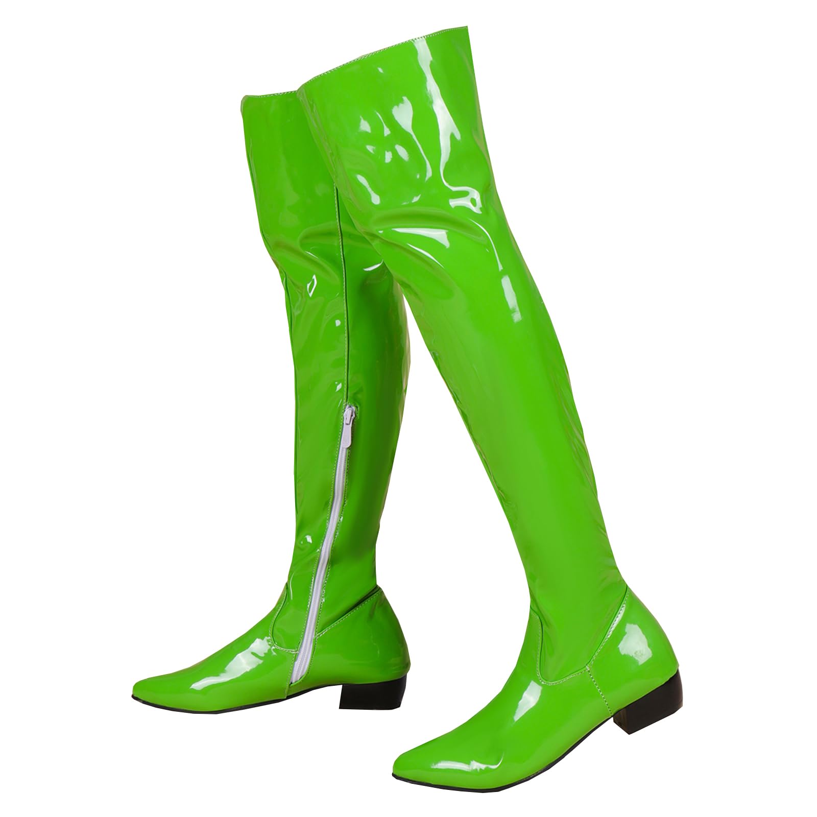 BEAUPAS Womens Patent Leather Flat Over The Knee Boots Pointed Toe Thigh High Boots Zip Up Shoes