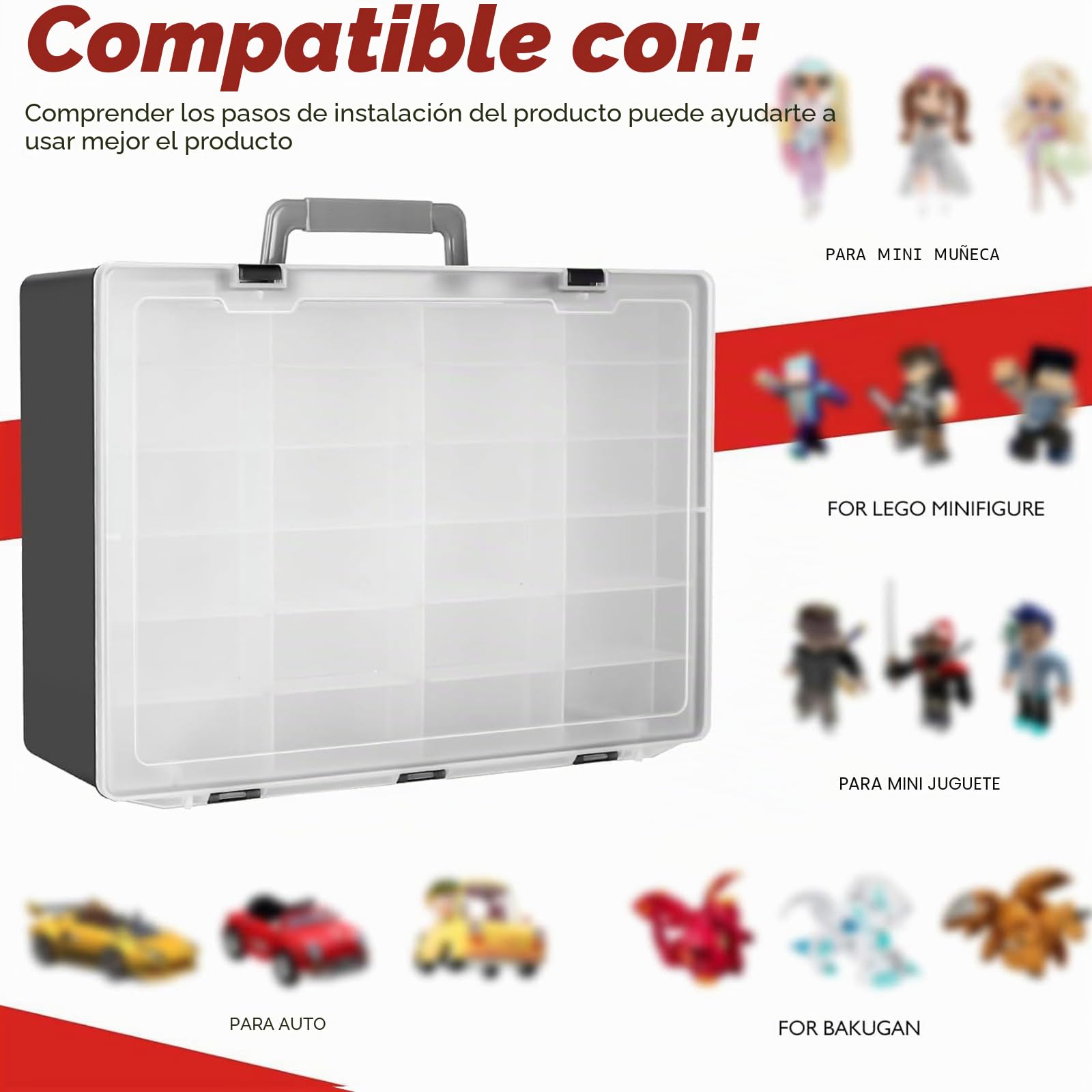 Caja de juguetes con 72 compartimentos, compatible con coches Hot Wheels, Matchbox, minijuguetes y muñecas pequeñas, deja ver el interior, 3 bandejas extraíbles (negro)