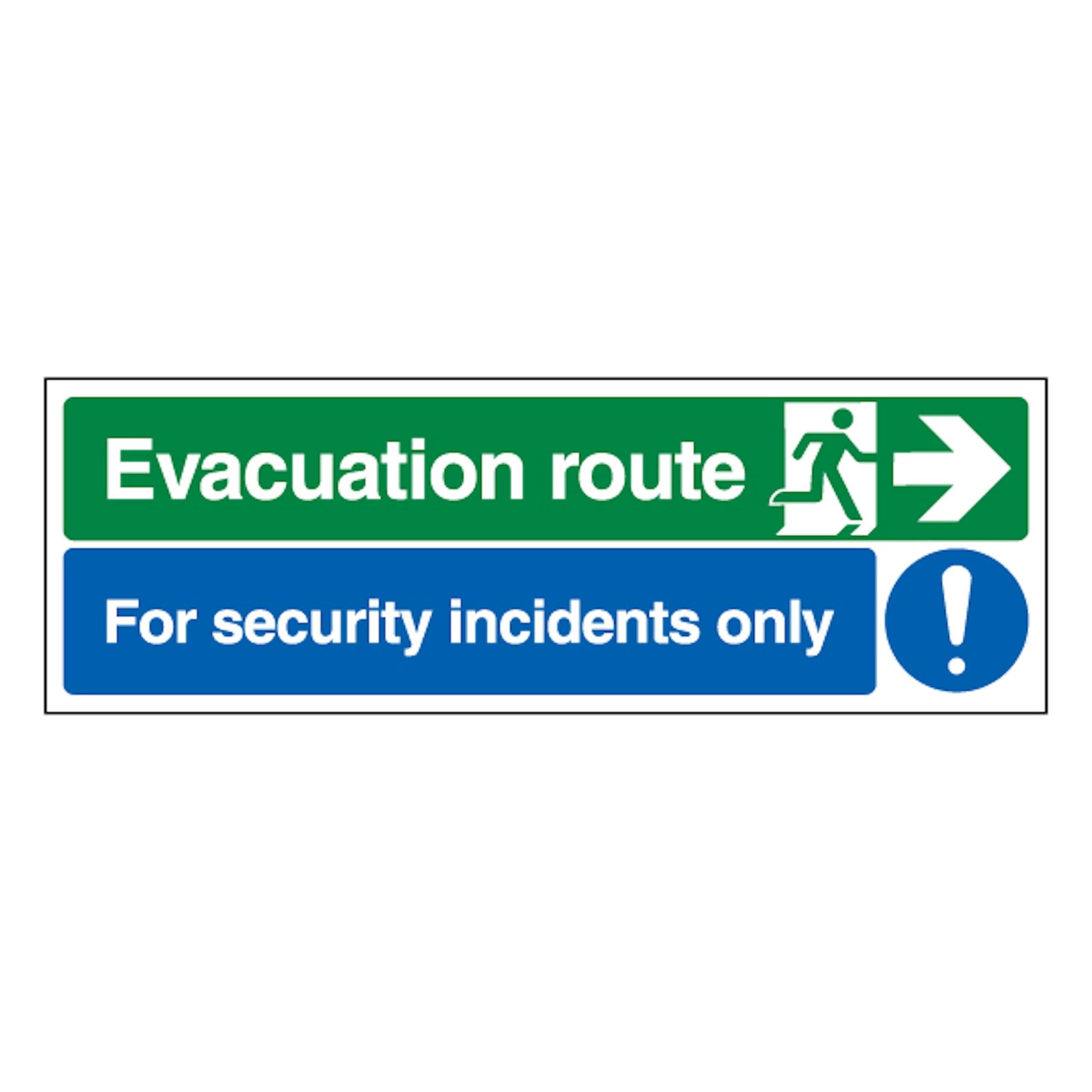 V Safety Evacuation Route Arrow Right/Security Incidents Only 600 x 200 mm - 2mm Super-Tough Rigid Plastic Safety Sign