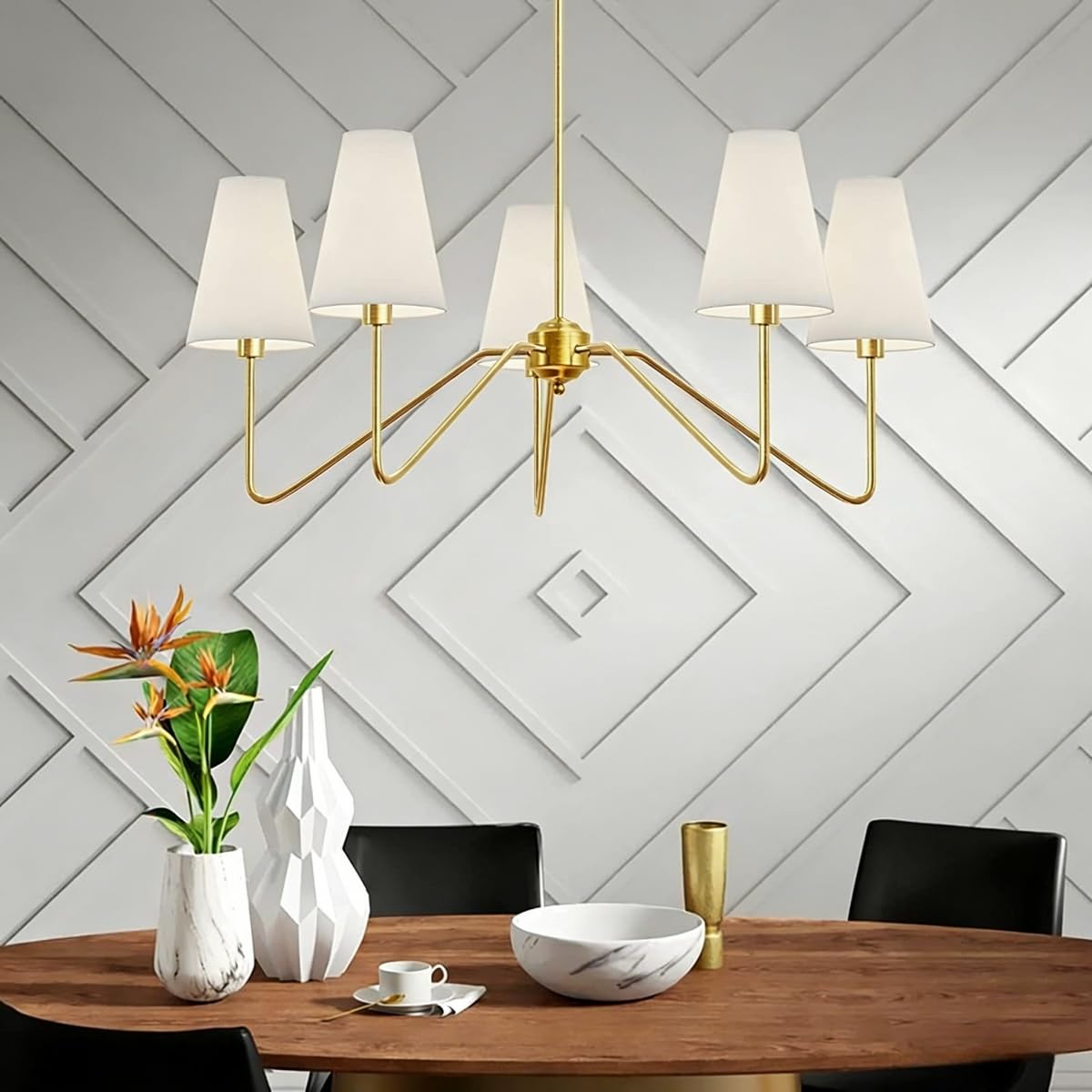 HTsilphelene Modern Chandelier,Linear Kitchen Island Lighting Fixture with White Fabric Shade,Height Adjustable Pendant Light for Living Room Bedroom Hallway Height Adjustable (Gold, 5 Heads)