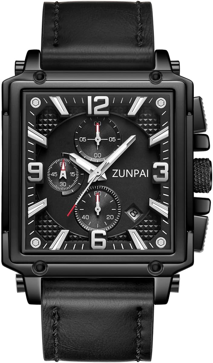 senstone Men's Square Chronograph Quartz Watch Waterproof Luminous Wristwatch with Date Calendar, Leather Strap Stylish Casual Dress Watch for Men