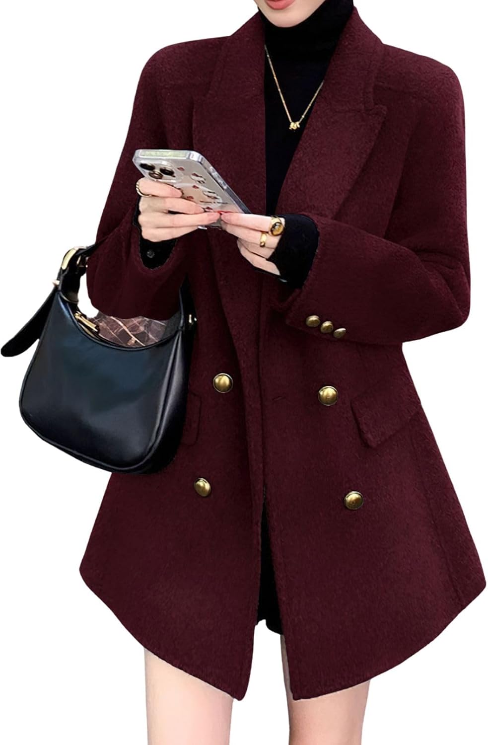 chouyatou Women's Winter Wool Trench Coat Blazer Jacket Notched Collar Dressy Mid Long Peacoat Outerwear