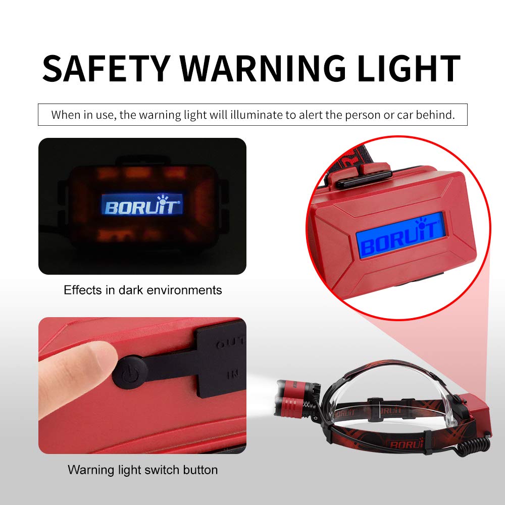 BORUIT B21 Lampe frontale LED rechargeable 5000 lumens pour front USB 2.0 5 V/1 A, 4 modes IPX5, étanche, angle réglable à 90°, alimentation par batterie, rouge