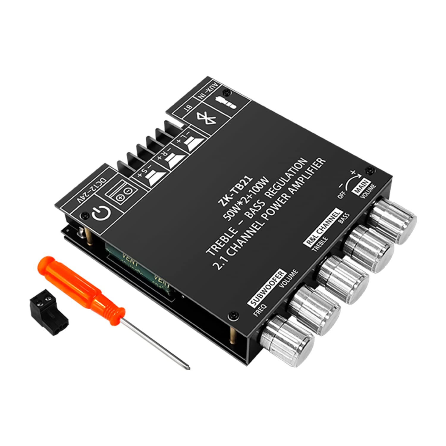 ZK-TB21 2.1 Channel Bluetooth 5.0 Amplifier Board – TPA3116D2 Chip 50Wx2+100W MAX, DC 12-24V, AUX Input, HiFi amp for Home Theater Passive Speakers Subwoofer, Treble & Bass Control