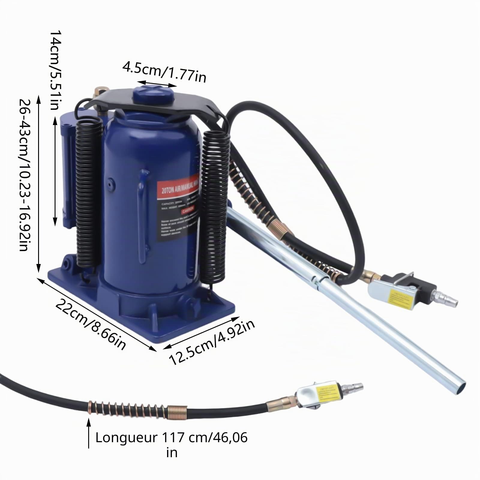 Cric Hydraulique Pneumatique 20 T à Air Comprimé - Hauteur de Levage 51 cm pour Voiture, Camionnette, Bateau, Camion, Caravane (Bleu)