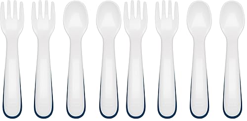 OXO Tot Tenedor y cuchara de plástico, paquete múltiple de 4 piezas, color azul marino, paquete de 2 unidades
