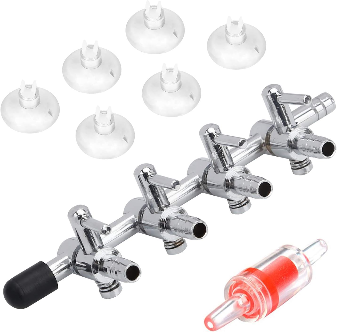 Pawfly 4-Way Aquarium Air Flow Control Lever Valve Distributor Splitter with 1 Non-return Check Valve and 6 Suction Cups