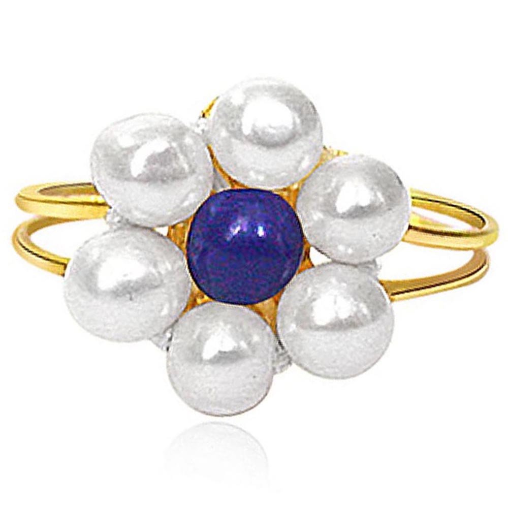 SURATDIAMONDFlower Shape Real Freshwater Pearl & Blue Stone Adjustable Ring for Women - Elegant, Stylish, Versatile, Handcrafted, Timeless Elegance (Ring-7)