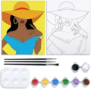 Canvas Painting Kit Pre Drawn Canvas for Paint Adult Party Party Kits Paint and Sip Party Supplies 8x10 Canvas to Paint Afro Queen 8 Acrylic Colors,3 Brush,1 Pallet Girl Paint Art Set