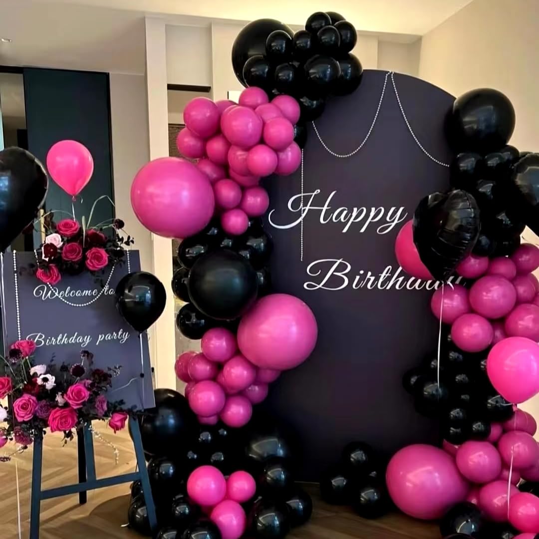 Hot Pink and Black Balloon Arch Kit, 112 PCS Rose Red Black Bow Balloon Garland with Hot Pink Long Balloons for Girls Women Birthday Bachelorette Party Bridal Shower Baby Shower Engagement Decorations