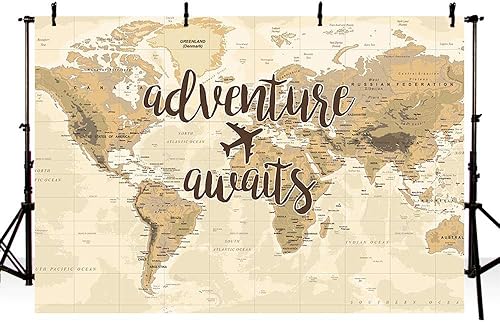 Adventure Awaits Travel Boy Baby Shower Decoraciones de fiesta telón de fondo vintage del mundo mapa mundial alrededor del mundo, fotografía de