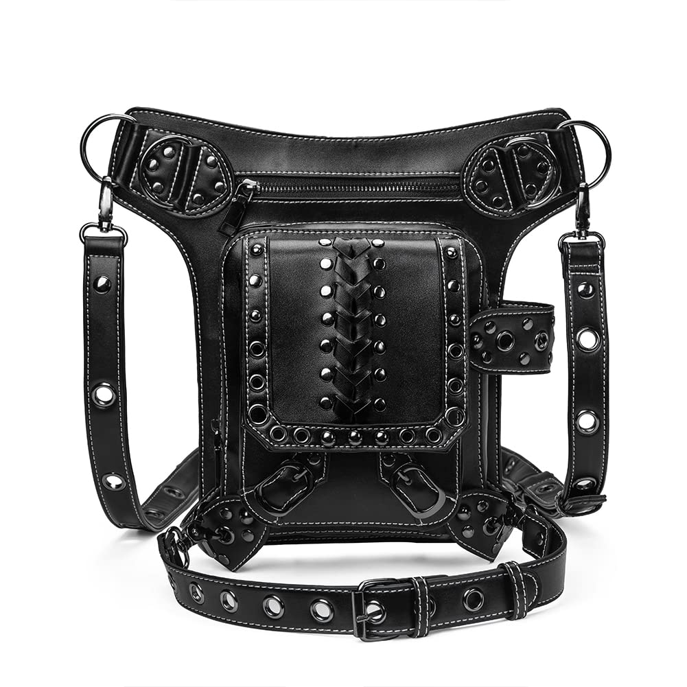 Micoklinlin PU Leather Waist Drop Leg Bag Punk Big Motorcycle Cycling Hiking Fanny Pack Waterproof Fanny Pack Crossbody Bags for Women Men Hip Thigh