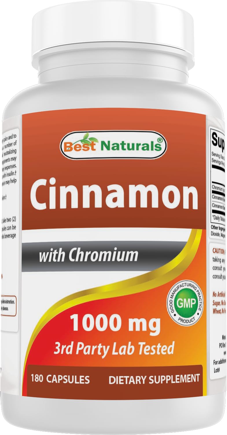 Best Naturals Cinnamon 2000 mg Equivalent with Chromium 400 mcg per Serving - Metabolism Support - 180 Capsules 180 Count (Pack of 1)