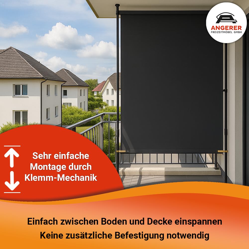 Angerer Balkonsichtschutz, Senkrechtmarkise mit Handkurbel, Terrasse/Balkon, Montage ohne Bohren, Made in Germany, hochwertiger Stoff, UV-beständig, höhenverstellbar, wasserabweisend, 150 cm Hellgrau
