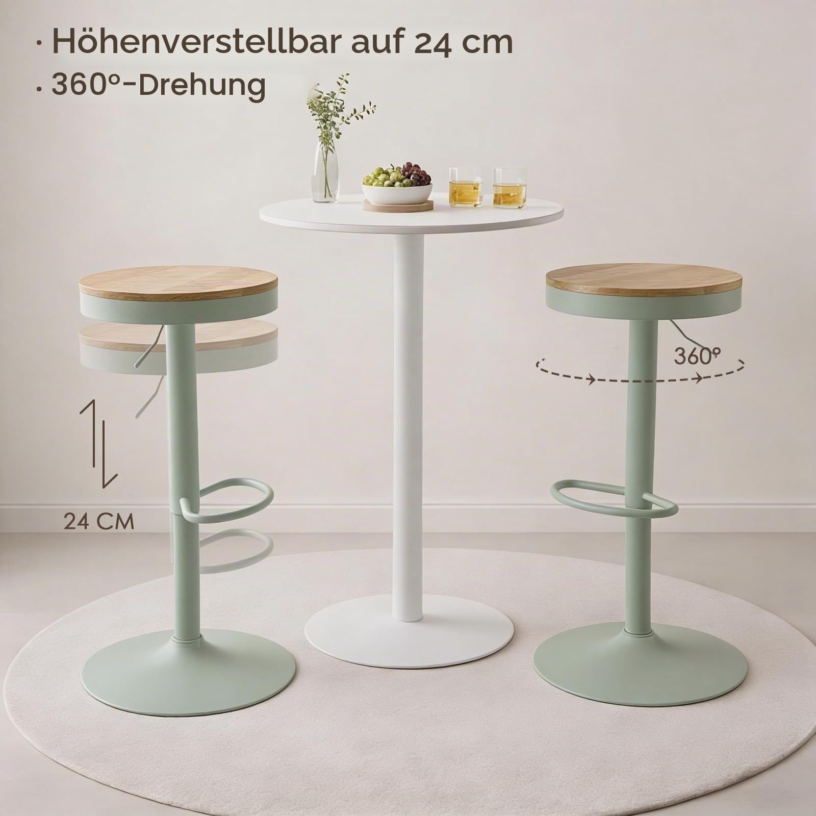 Kidol & Shellder Barhocker 2er Set Minzgrün, Höhenverstellbar 56-80cm, Drehbar, Ohne Lehne, Holz Sitzfläche, Mit Fußrasten, Küchenbarhocker
