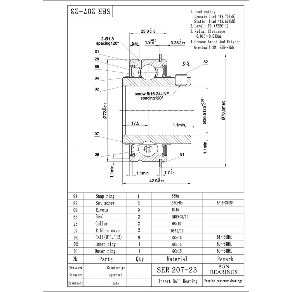 (6) PGN SER207-23 - 1-7/16" Bore Insert Ball Bearing with Snap Ring and Set Screws - ER23 ER-23 ER207-23