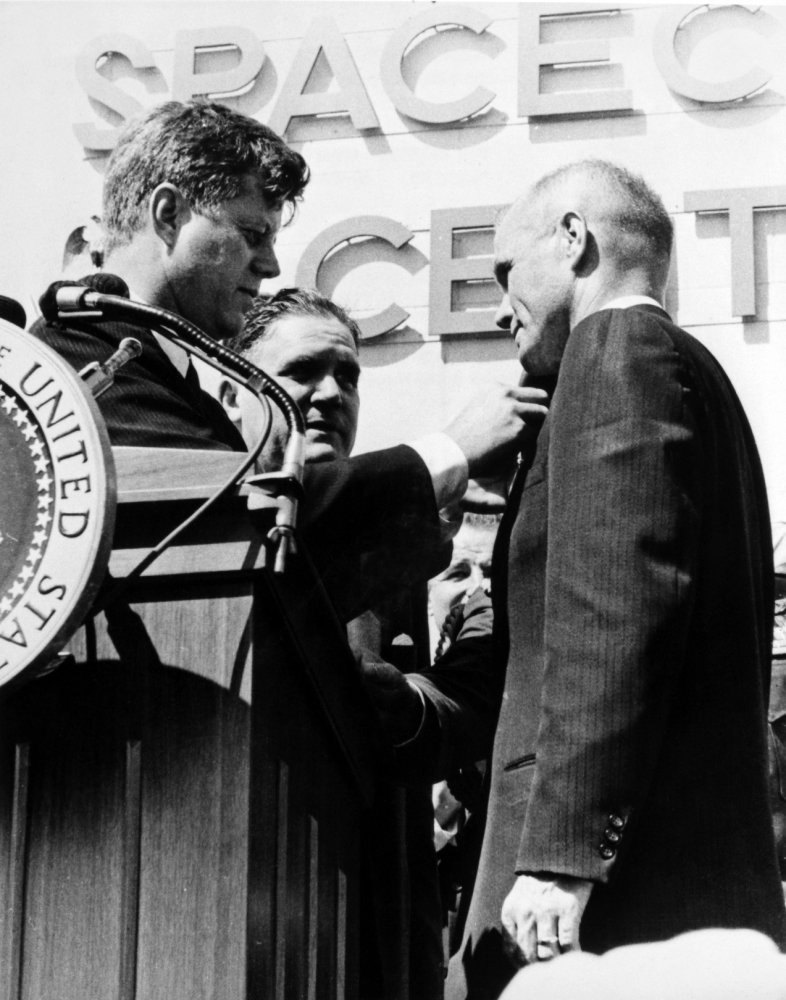John Glenn (1921-2016) Njohn Herschel Glenn Jr American Astronaut And Politician President John F Kennedy Pinning The Nasa Distinguished Service Award Medal On John Glenn In Cape Canaveral Florida Aft