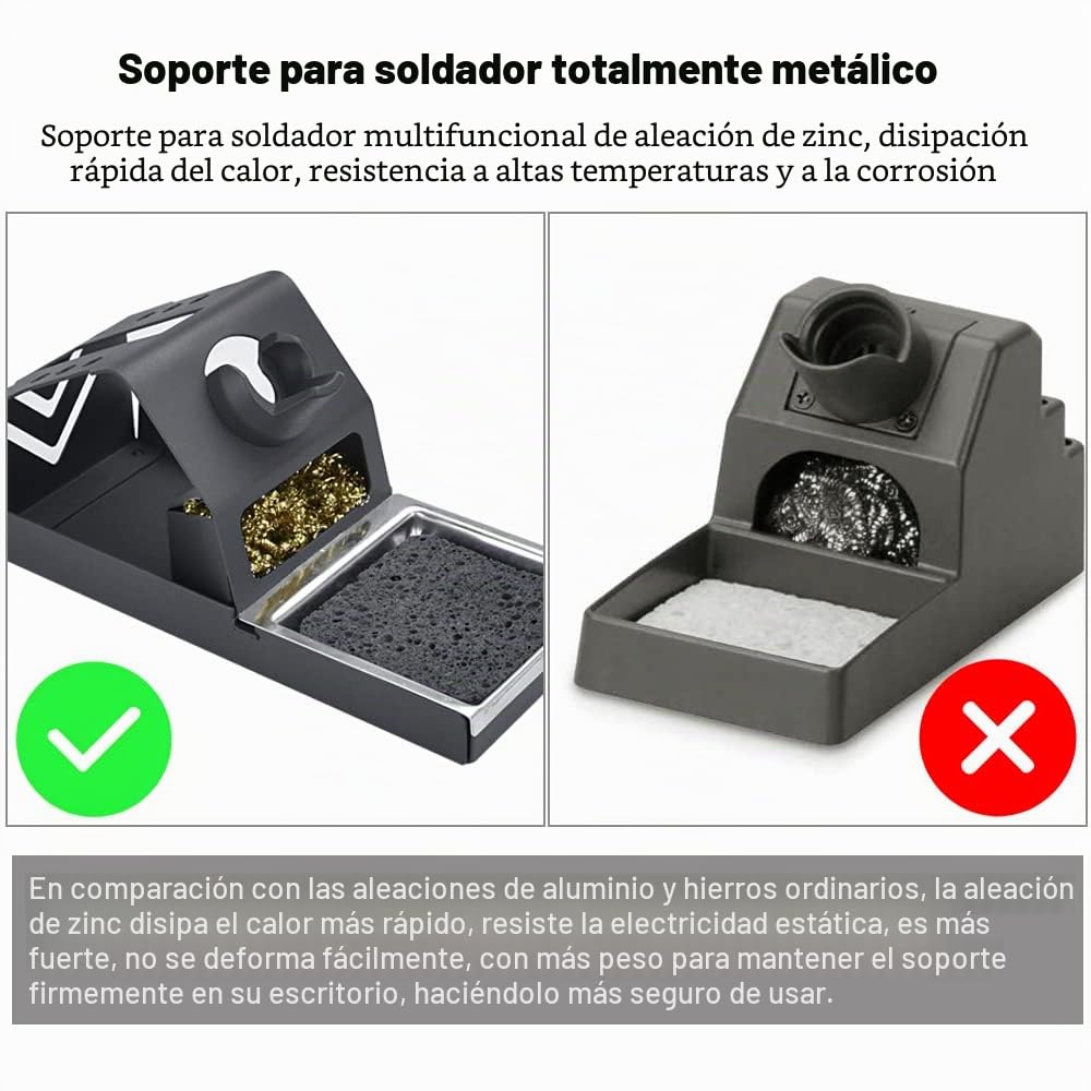 Soporte Soldador Estaño Soporte para Cautín + Limpiador de Latón para Limpiar la Punta de Estaño + Esponja Limpia Soldador + Goma Anti Calórica, Aleación de zinc, Antiestático y Seguro de Usar